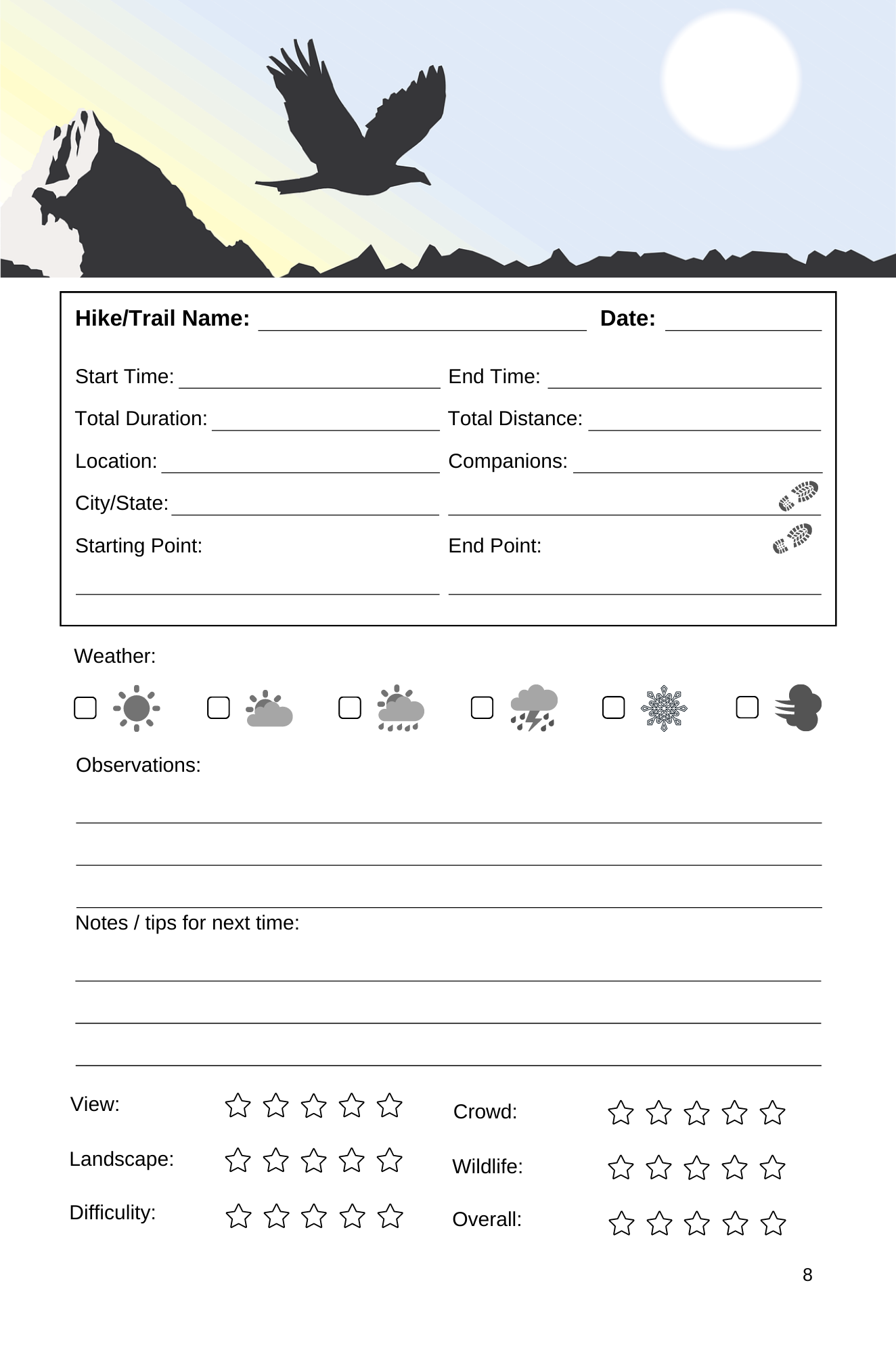 Hiking Logbook with prompts. Hiking Journal